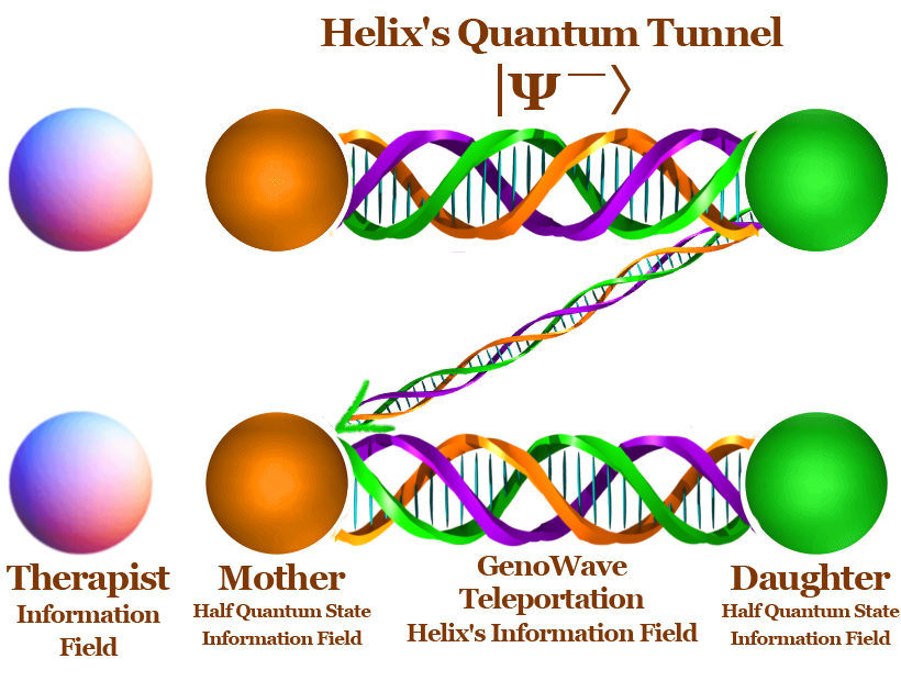 Quantum Holopedia ~ GenoWave Teleportation Helix Protocol ~ n (n=2) iterations describes the iterativeness of the therapeutic work using Helix's Quantum Tunnel. In the second interation, Mother's Information Field Half Quantum State includes feedback from the Daughters's Information Field Half Quantum State after the first iteration. Again, Therapist's Information Field is includec on the Mother's side and transferred to Daughter via GenoWave Teleportaiont through Helix's Information Field.